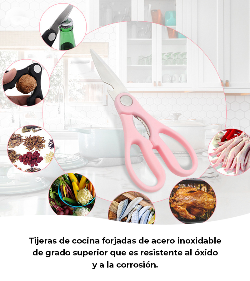 Oliver's Kitchen ® Tijeras de cocina superafiladas y resistentes,  multifuncionales con abridor de botellas integrado y cubierta de seguridad